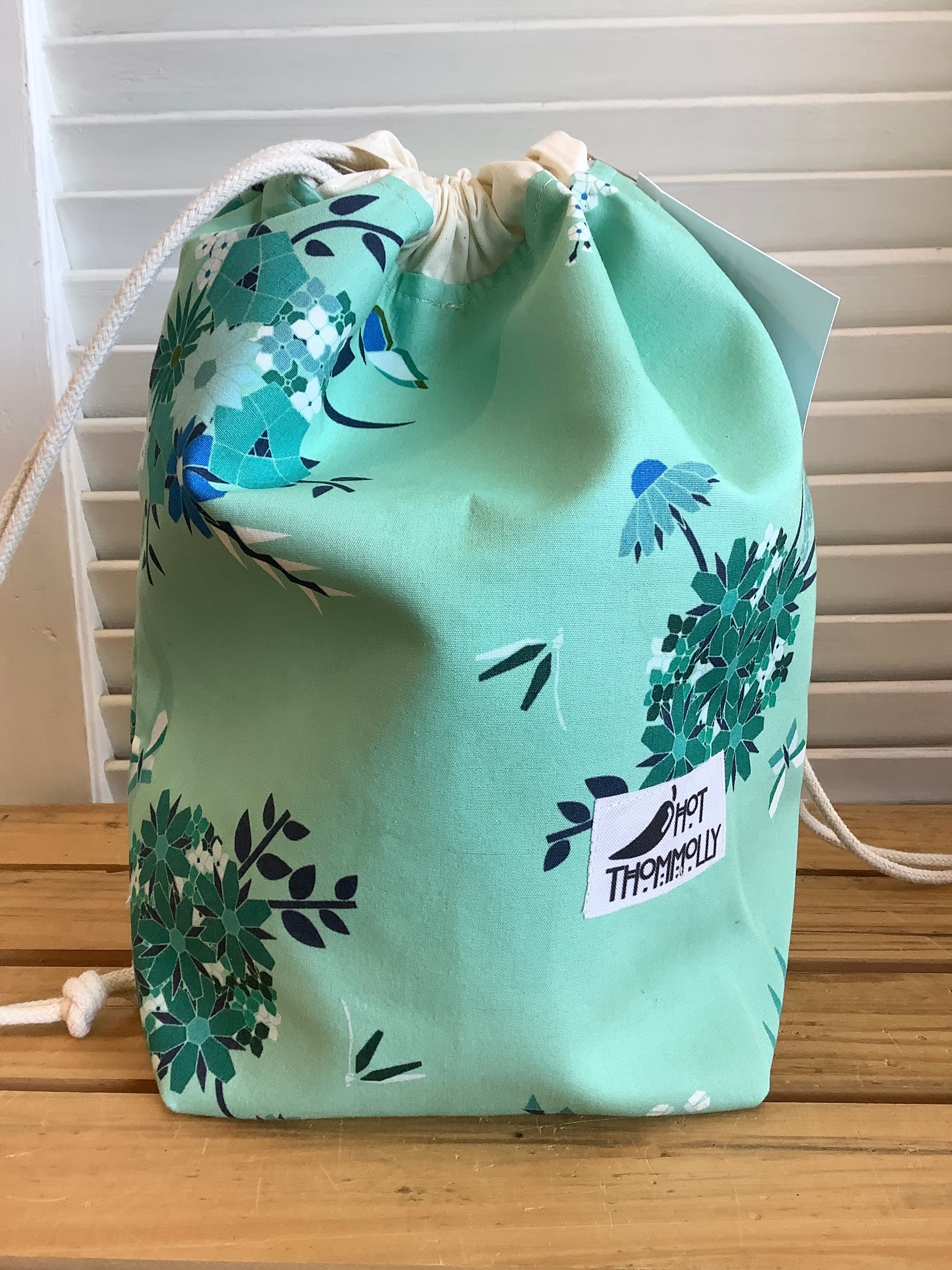 Drawstring Bags by Hot Thommolly - Small Aqua Flowers Bunch