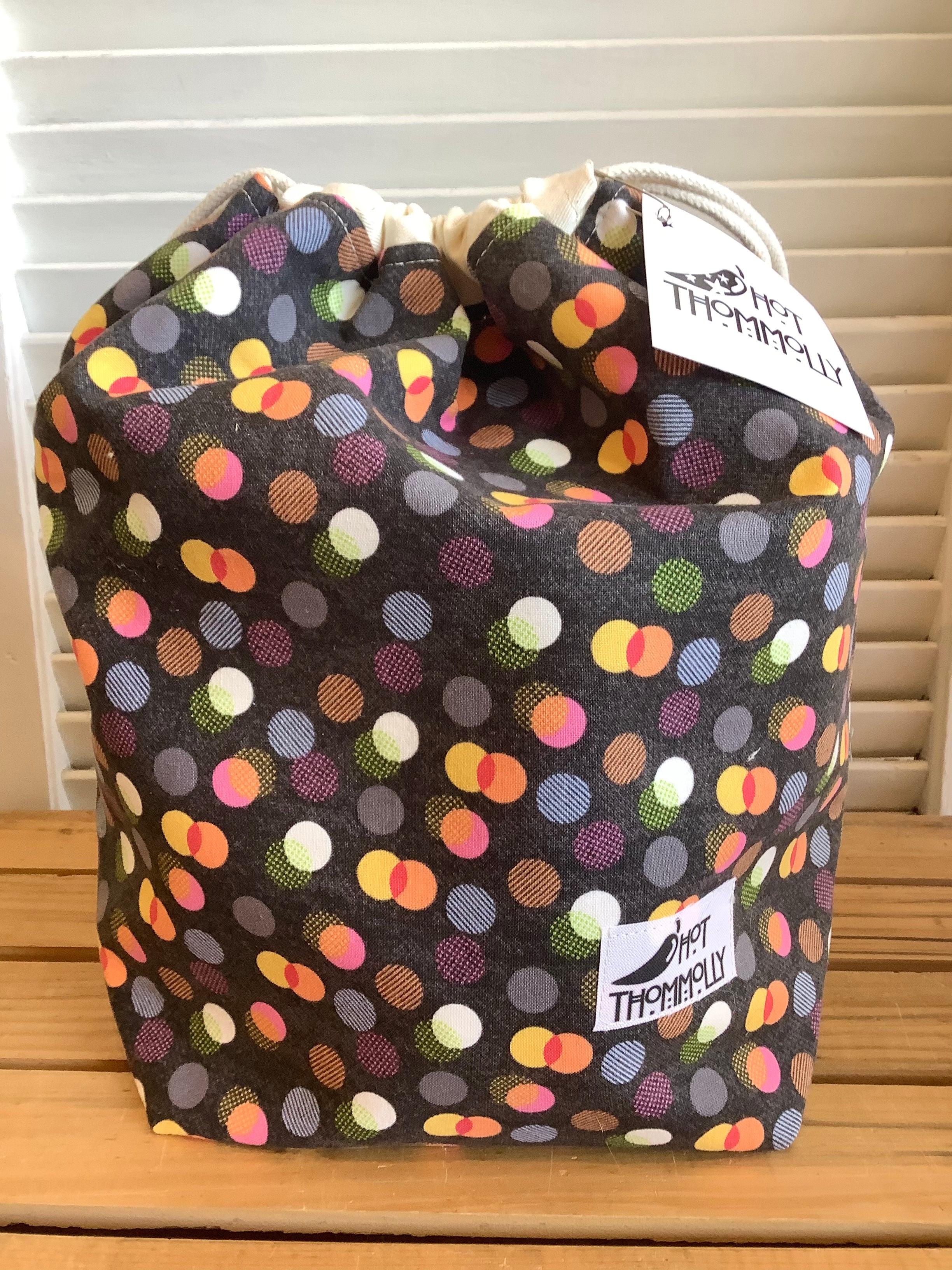 Drawstring Bags by Hot Thommolly - Large Charcoal Polka Dots