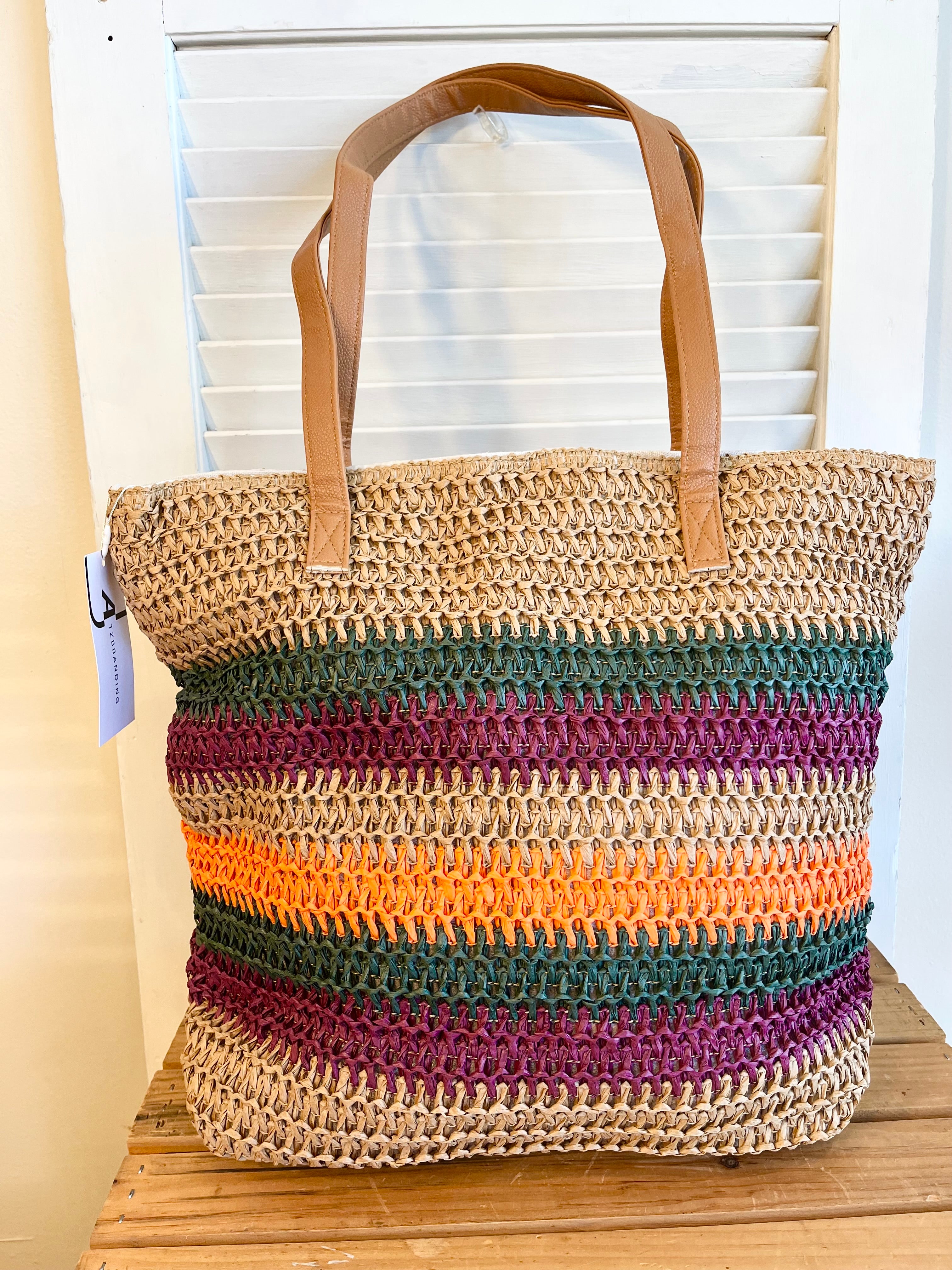 Colorblock Striped Crochet Tote Bag