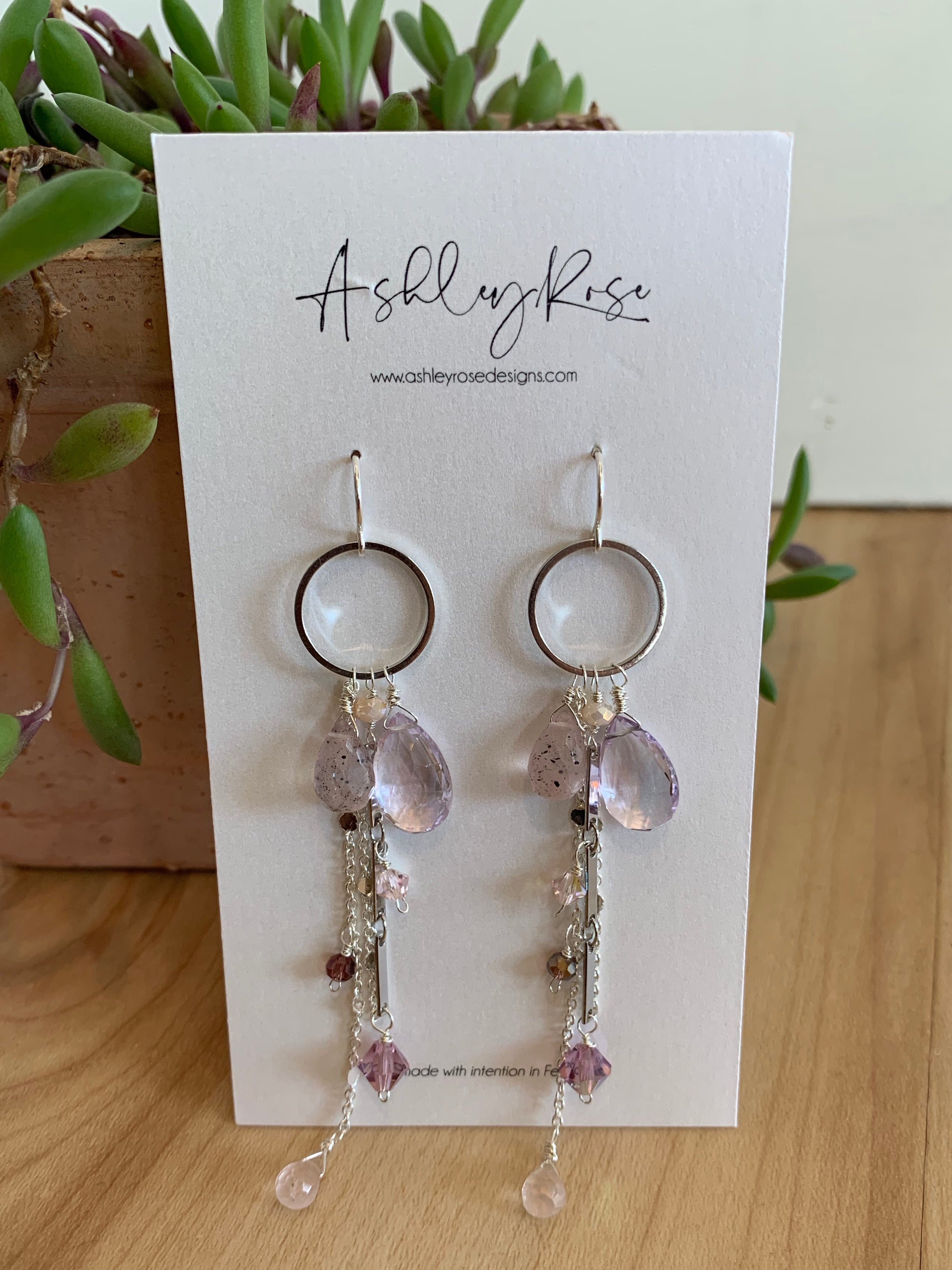 Rose Quartz, Amethyst, Lepidocrocite  with Silver - Indira earrings