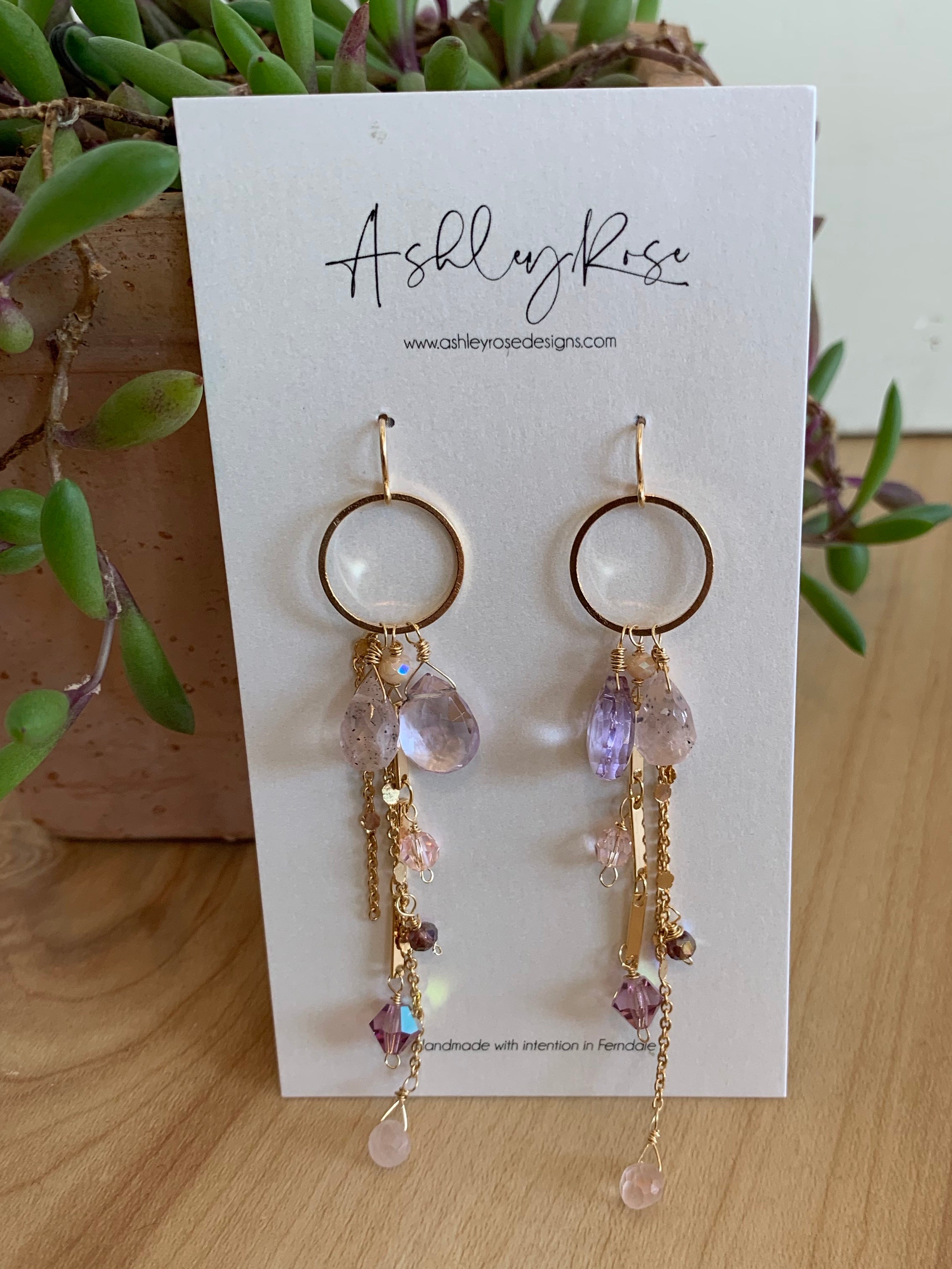 Rose Quartz, Amethyst, Lepidocrocite  with Gold - Indira earrings