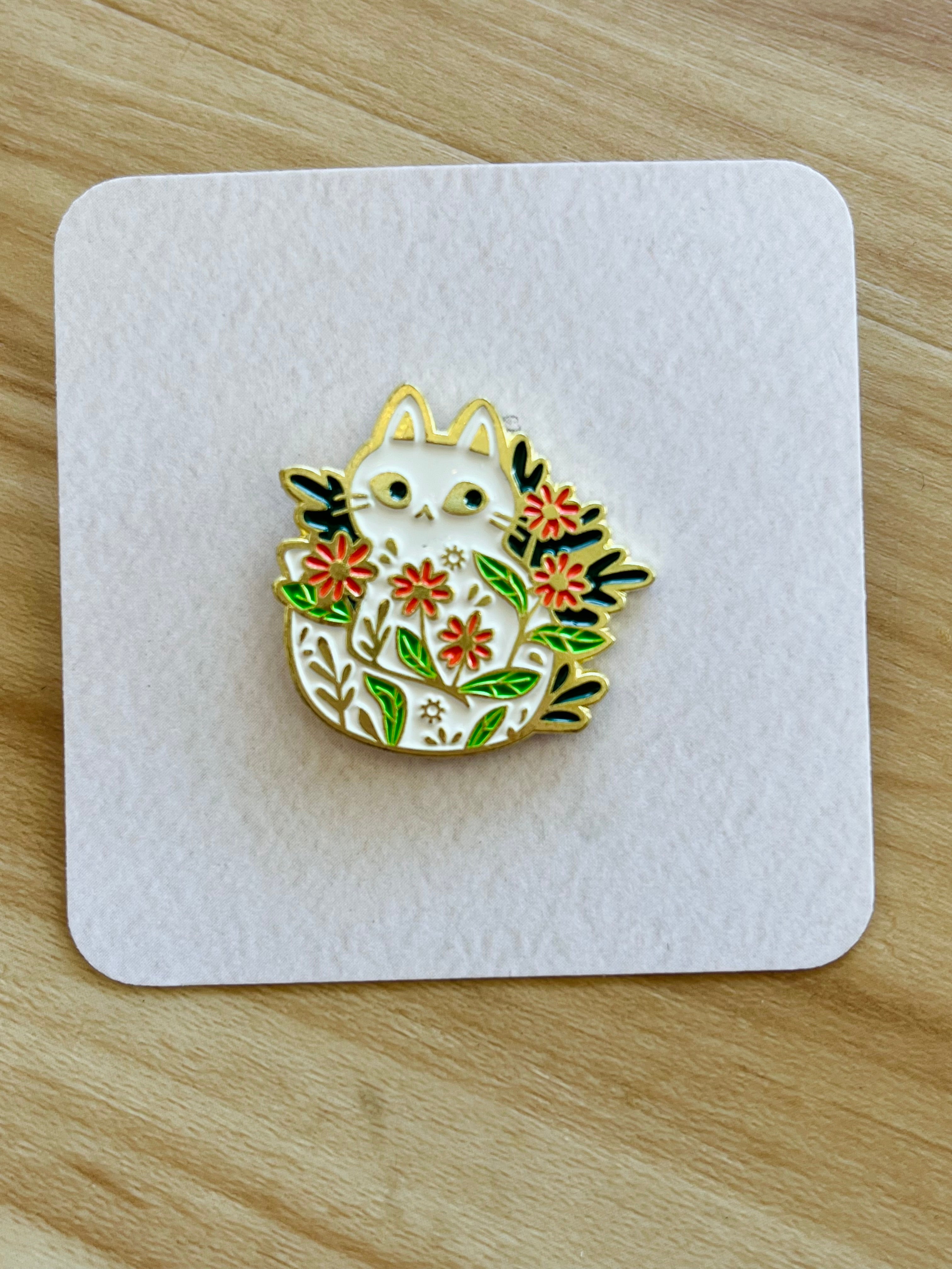 Cat with Pink Flowers - Sunneshine Enamel Pins