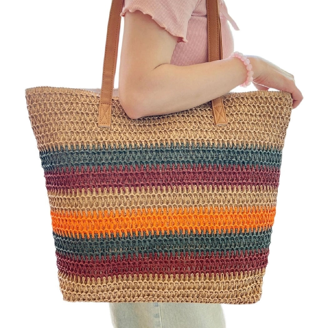 Colorblock Striped Crochet Tote Bag